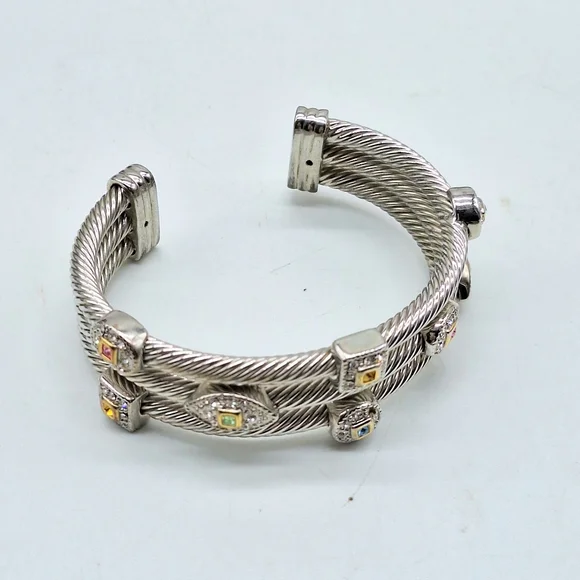 Silver Tone Cable Cuff Bracelet Multi Gems‎ - Picture 3 of 5